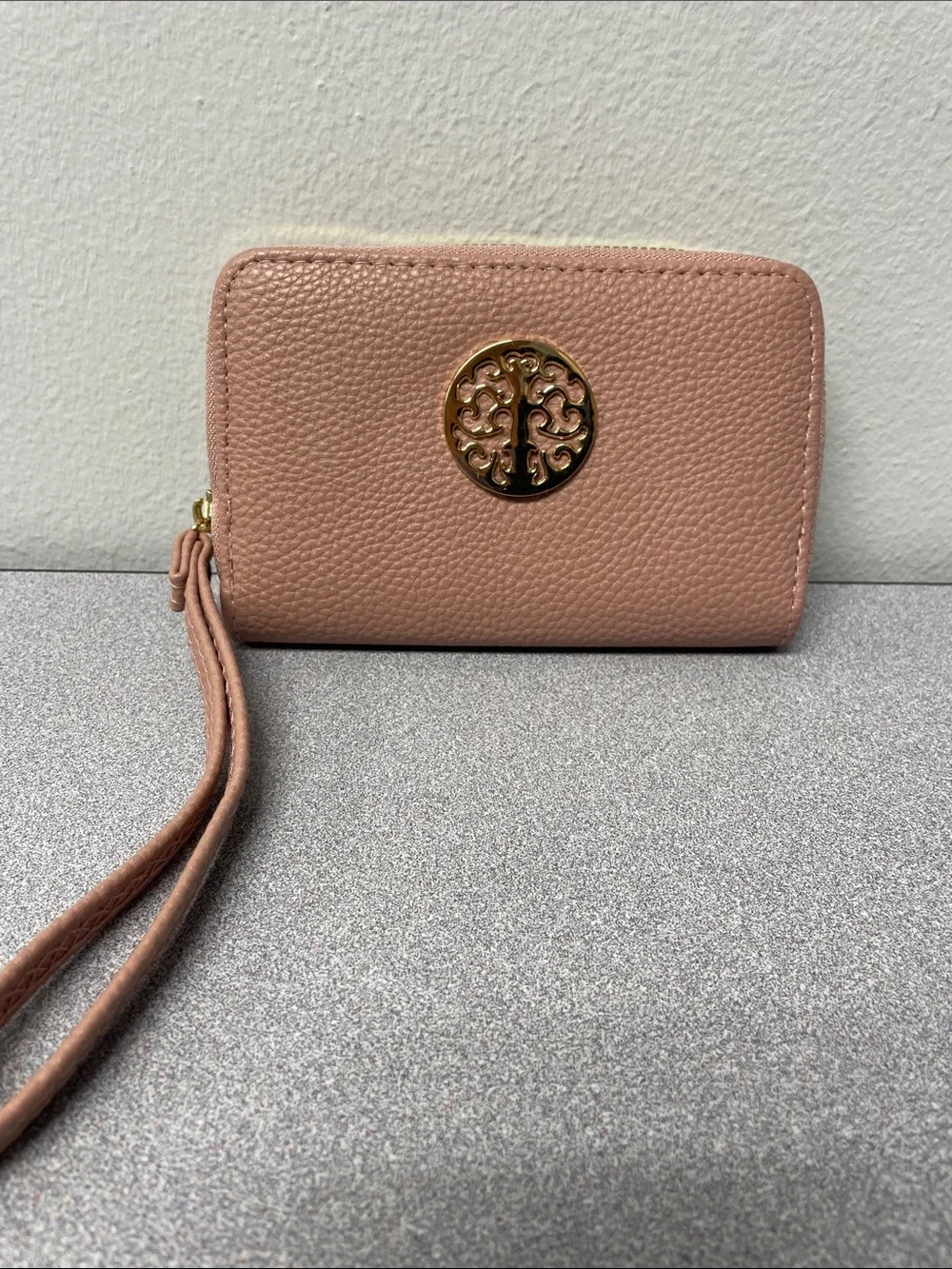 Women’s Wristlet Wallet in Blush Pink with Gold Emblem